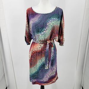 Presley Skye Dress Womens Medium Silk Geometric Stretch Waist Belted
